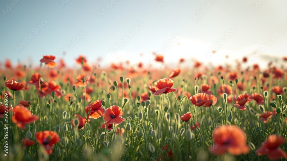Vibrant Field of Red Flowers Under Clear Blue Sky, Spring