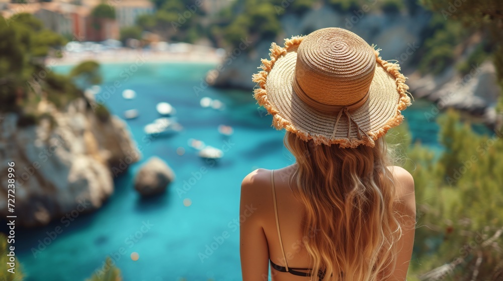 French Riviera getaway for a young lady with long locks and a sun hat.