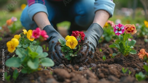 A gardener planting colorful flowers.