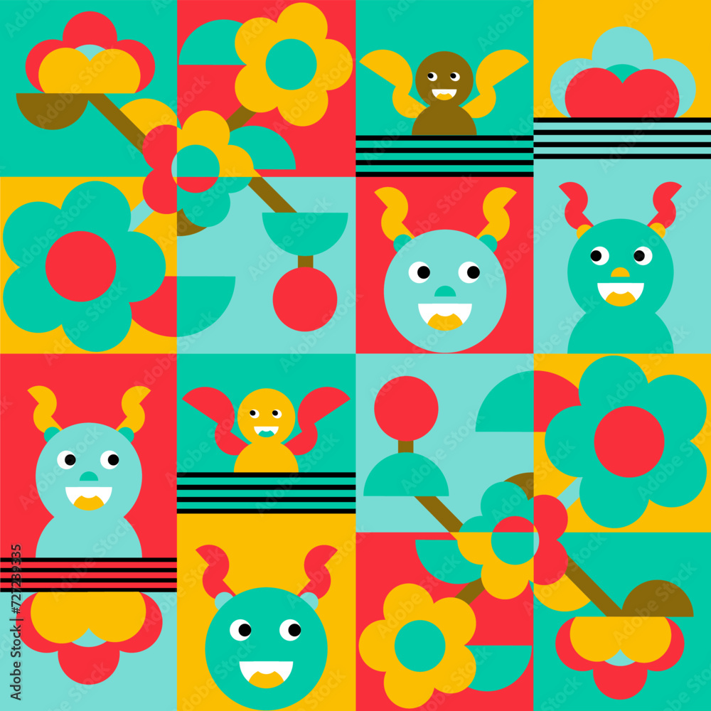 Naklejka premium Seamless patten of the state of Arkansas with its characteristics, for example, apple blossom, deer and eagles. Suitable for clothing, book covers, children's clothing designs, gift paper, etc.