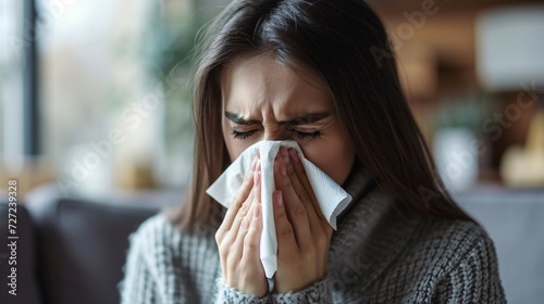 A woman with allergies or a cold sneezing in her home living room with tissue and possible viral infection or health issue due to hay fever or sinus problems.