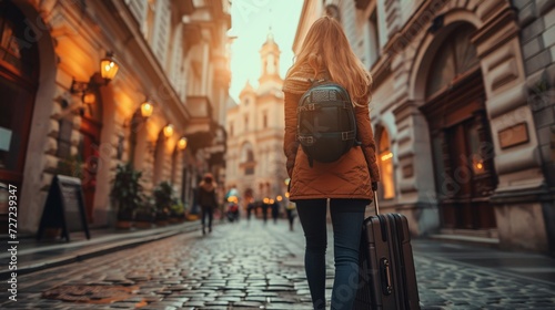 A female traveler with luggage exploring a European city for tourism.