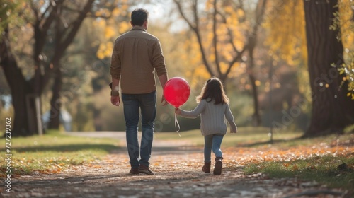 A girl walks with her dad in the park. She has a red balloon in her hand.