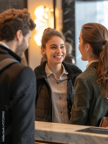 Two guests happily conversing with a hotel attendant during joint check-in at the front desk.