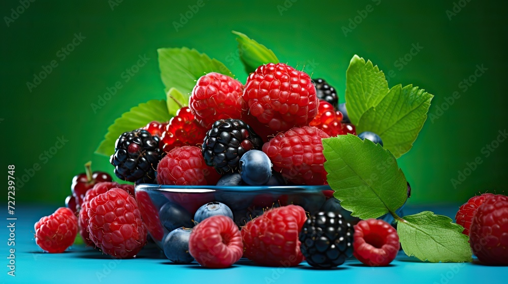 raspberries and blueberries disposed on a green background raspberries and blueberries disposed on a green background