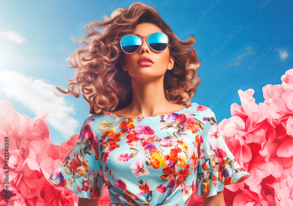 young woman with sunglasses and windblown hair with flowers in the background young woman with sunglasses and windblown hair with flowers in the background