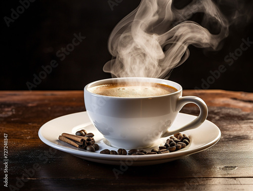 A hot cup of fragrant coffee resting on a saucer, emitting steam.