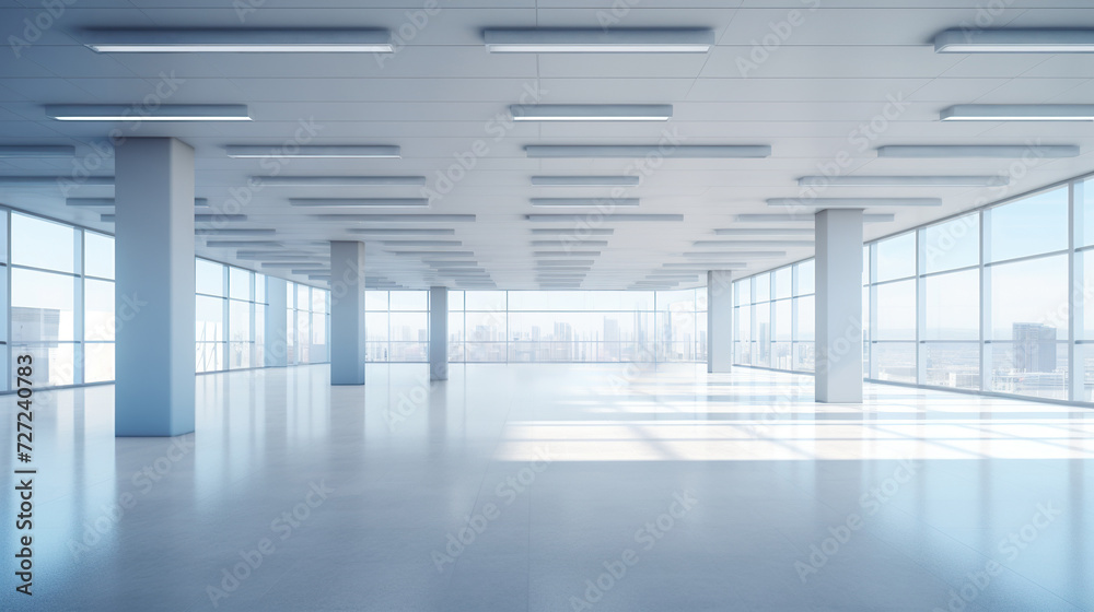 Fototapeta premium empty interior of modern office building at downtown, big business hall with panoramic windows