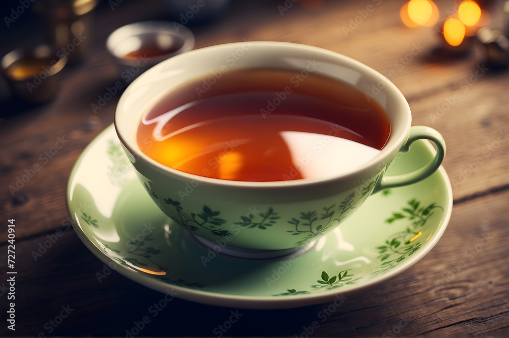 A ceramic porcelain tea cup and saucer are on the table. The cup is full of tea, exuding a sense of warmth and tranquility. A ceramic porcelain tea cup and saucer are on the table. The cup is full of tea, exuding a sense of warmth and tranquility.
