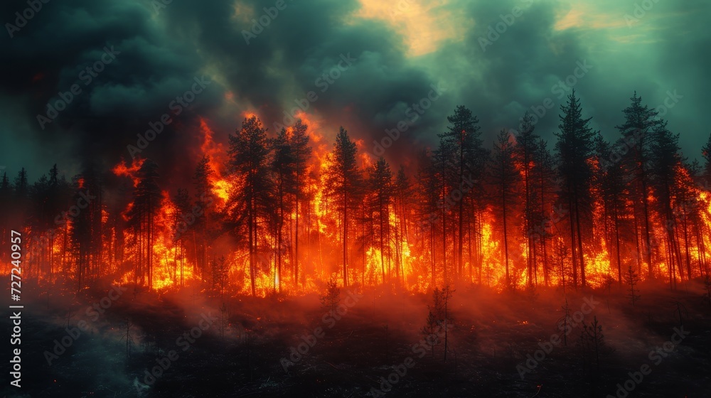 During the evening, a forest with cloudy skies is covered by smoke from a fire