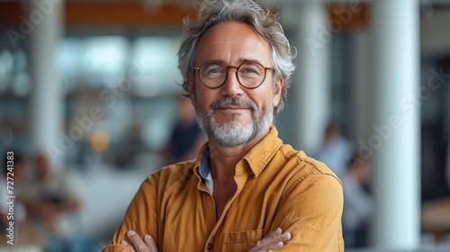 Standing in office at team meeting, a confident mature businessman looks at camera with relaxed hands folded in front of him. Male executive executive manager wearing glasses posing for business