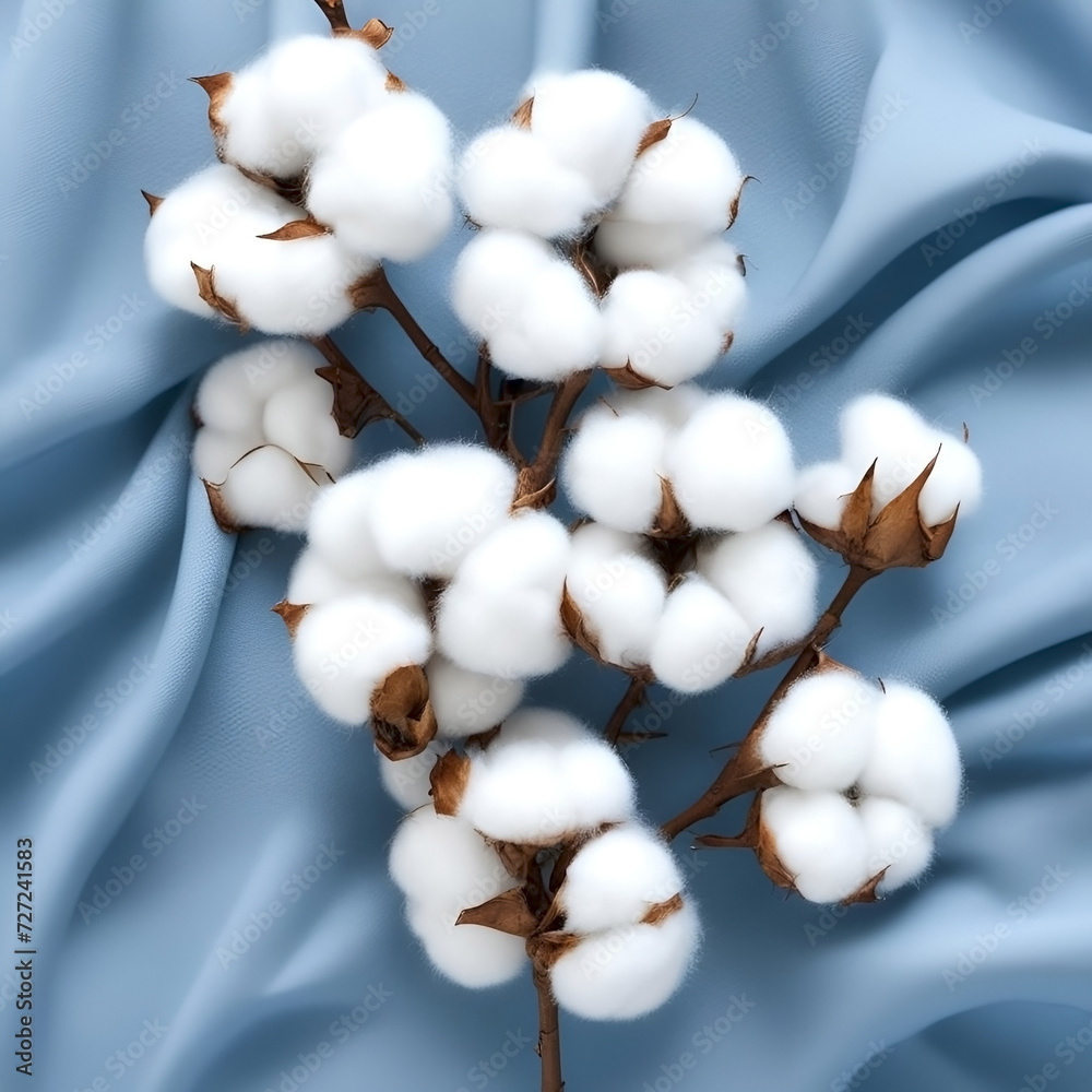 Fluffy white cotton flowers on a blue background