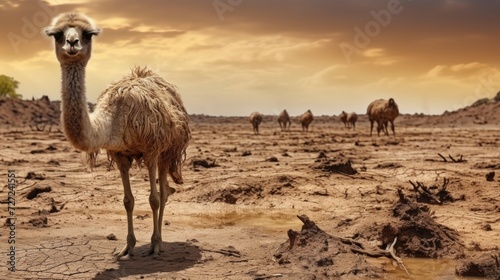 Climate change, skinny camel in search of fresh water due to lack of rain. photo