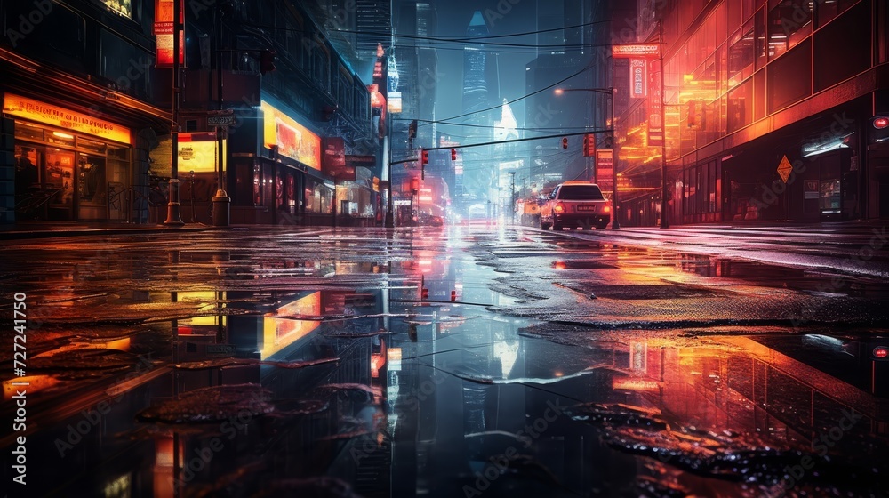 rainy night on a busy street, reflections on wet asphalt, neon lights, 16:9