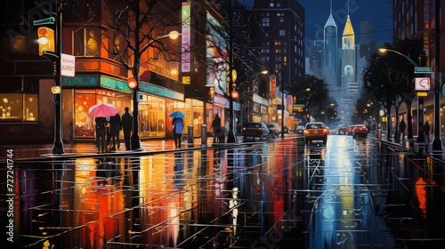 rainy night on a busy street  reflections on wet asphalt  neon lights  16 9