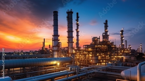 Oil refinery factory , Night view of petroleum and petrochemical factory at sunset photo