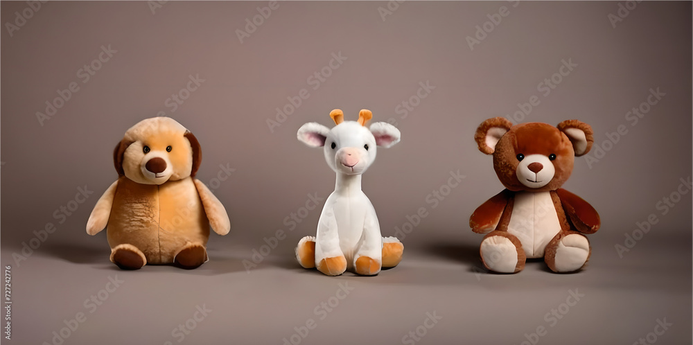 cutout set of 3 stuffed animal toys isolated on transparent png background - Generative AI - obrazy, fototapety, plakaty 