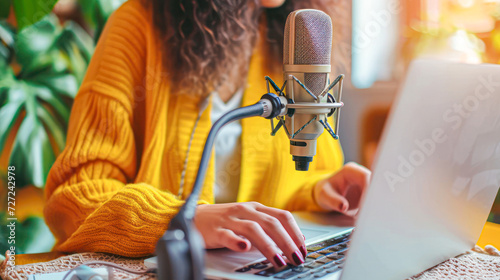 A podcaster in a yellow sweater engages with her audience, recording a new episode on a professional microphone at home.