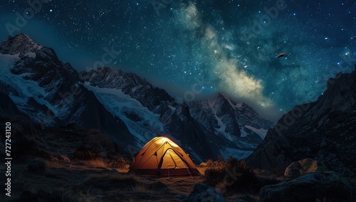 Tent under starry sky in the mountains. The concept of adventure and travel.