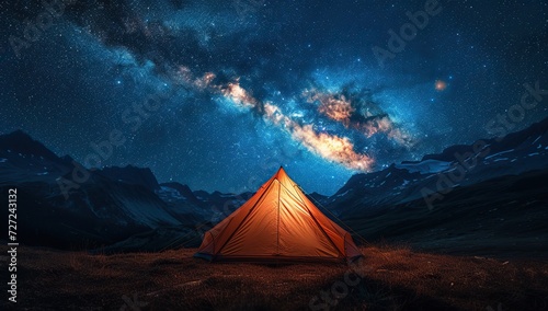 Tent under starry sky in the mountains. The concept of travel and adventure.