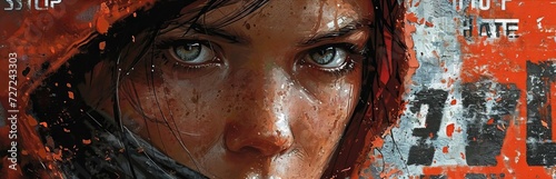 A piercing female gaze from under a red hood. Banner with close-up of a woman's face