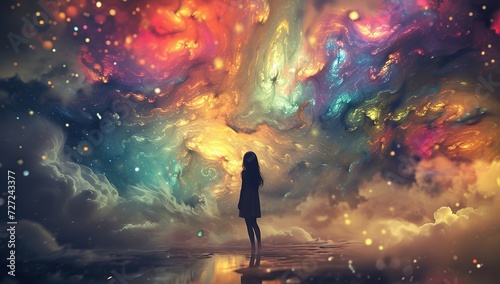 Girl standing before a massive  multicolored cosmic cloud.