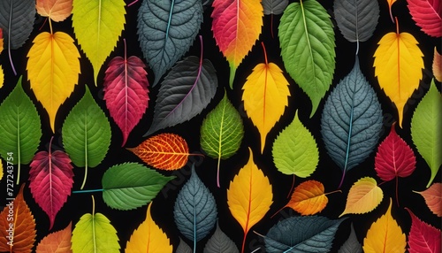 Illustration of different colored plant leaves lined up next to each other in different shapes and sizes - ai generated