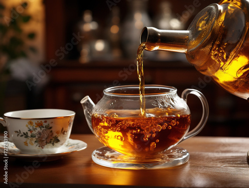 A teapot gracefully pours hot tea into a delicate teacup with precision and elegance.