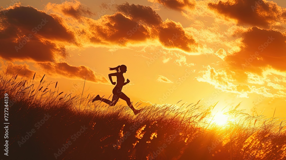A runner's silhouette against a vibrant sunset sky over a tranquil grassy field.