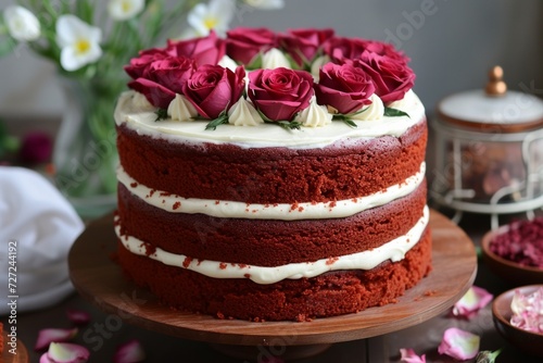 A towering, moist red velvet cake layered with creamy cream cheese frosting and adorned with edible roses.