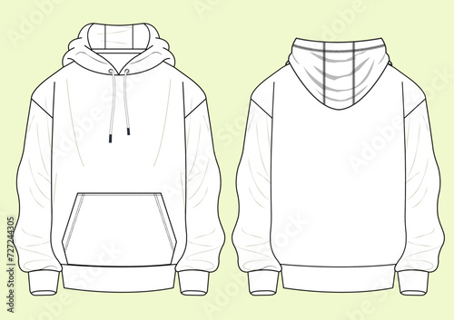 Men's Athleisure Terry Fleece Hoodie Fashion Flat Sketch - Black and White Outline, Front and Back View Template Mock-Up