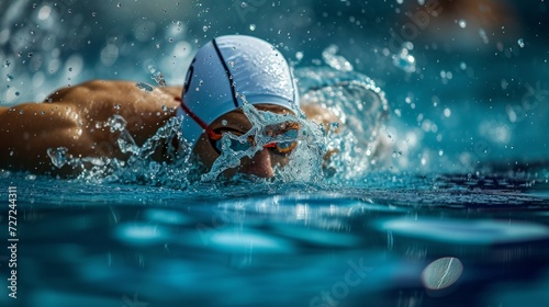 A swimmer cutting through water in a pool, creating ripples, in mid-stroke.