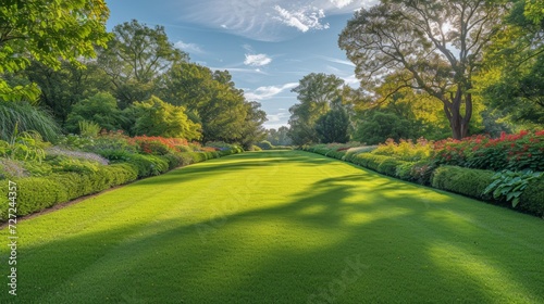 A Manicured Lawn Encircled by Trees and Bushes Picture a stunning summer day.