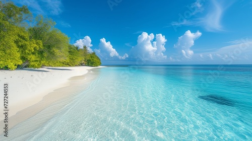 A serene beach with white sand, crystal clear water, and a peaceful, cloudless sky