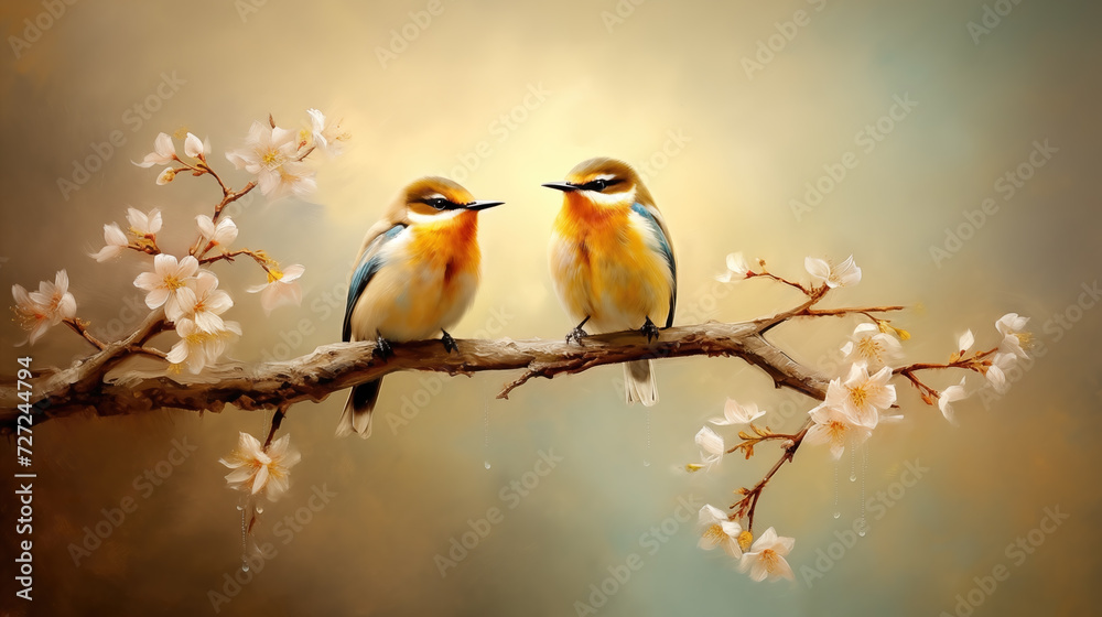 two cute birds in love sitting on a cherry tree