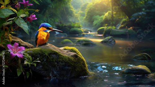 cute kingfisher sitting next to a river, asian style