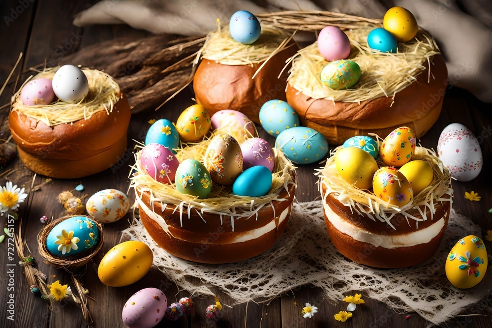 Plate with traditional Easter curd dessert on table with decoration, Easter Cakes decorated with nest and eggs - Traditional Kulich, Paska Easter Bread