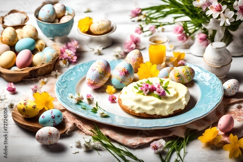 Plate with traditional Easter curd dessert on table with decoration