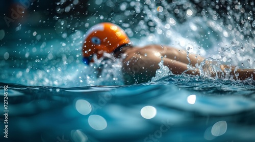 A swimmer cutting through water in a pool, creating ripples, in mid-stroke.