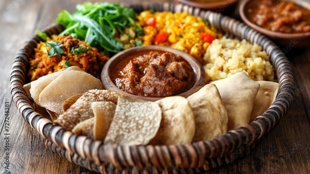 ethiopian cuisine injera wot - obrazy, fototapety, plakaty 