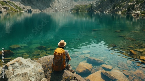 A serene lakeside moment, as a solo backpacker gazes into the clear water, lo...