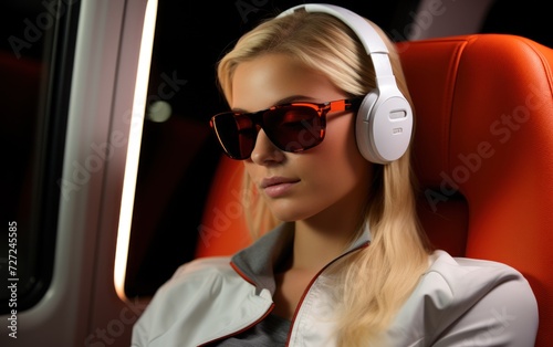 Woman with headphones on train