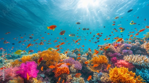 A vibrant coral reef teeming with marine life, inviting diving and snorkeling enthusiasts to explore.