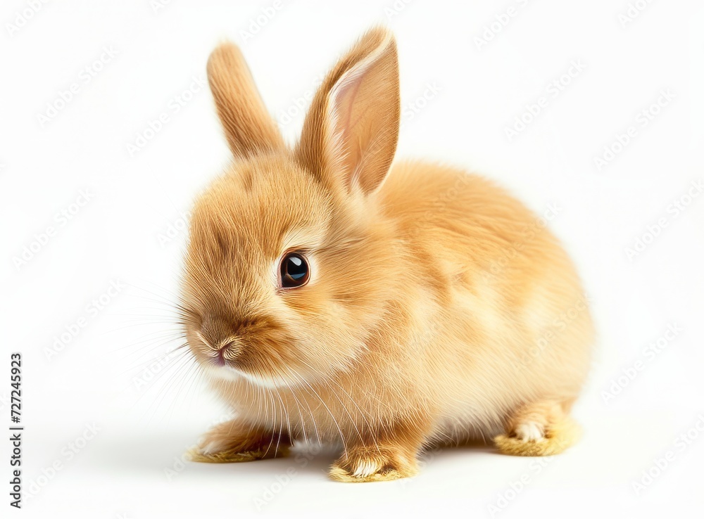 Close-up of a cute brown rabbit with large ears and bright eyes on a white background.
