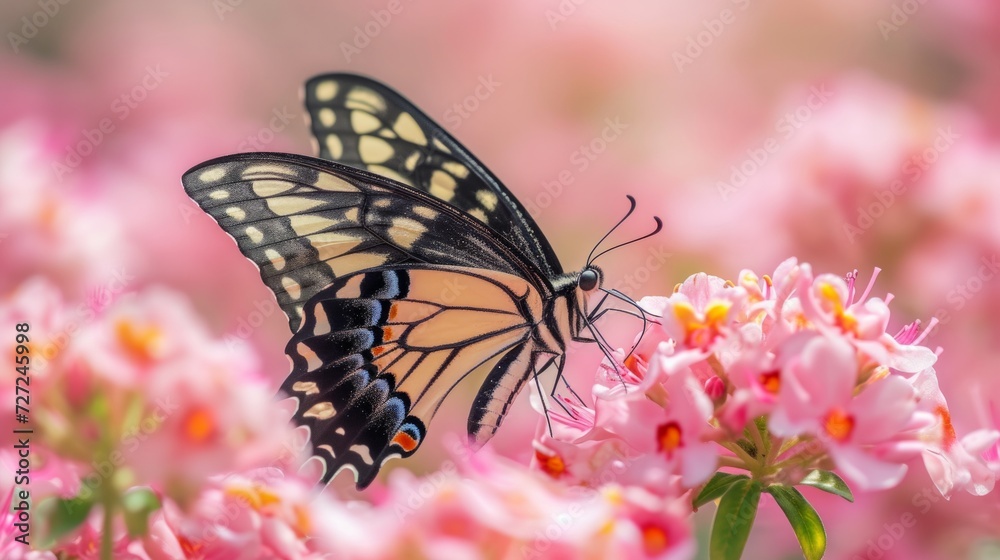a swallowtail butterfly, large and colorful, is perched delicately on a pale pink flower. a swallowtail butterfly, large and colorful, is perched delicately on a pale pink flower.