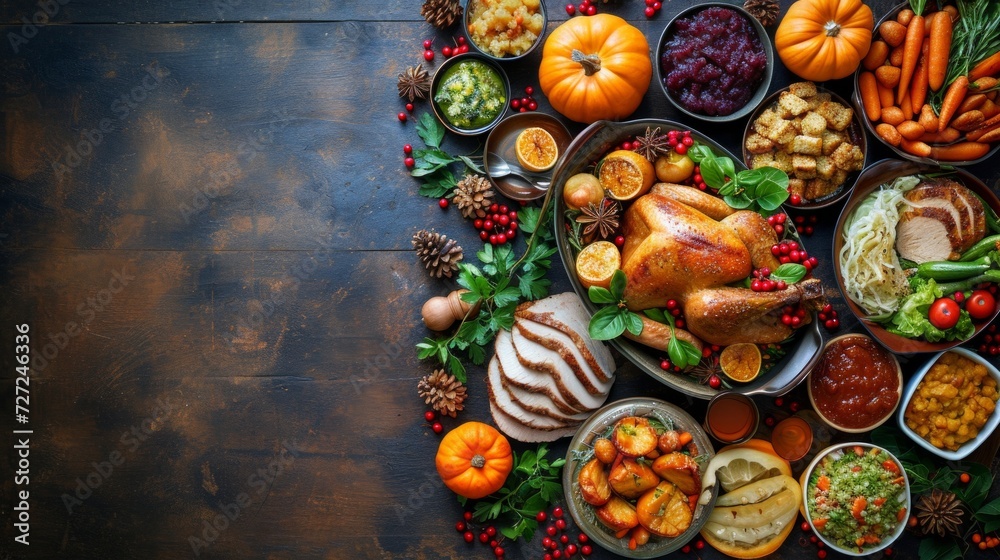 A Thanksgiving feast with a cornucopia of autumn colors and traditional dishes.