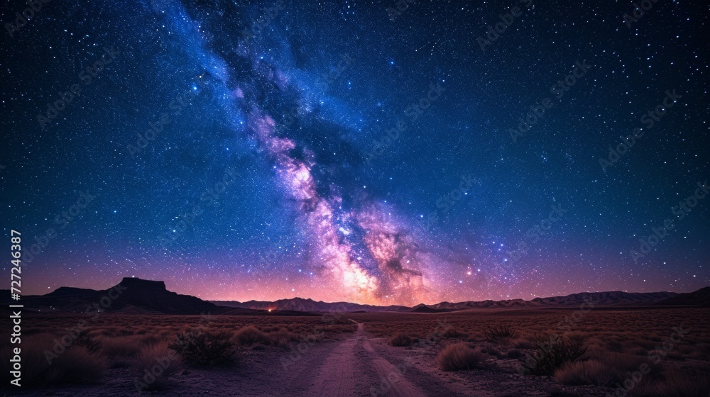 A starry night sky over a quiet desert, with a brilliant display of the Milky Way..
