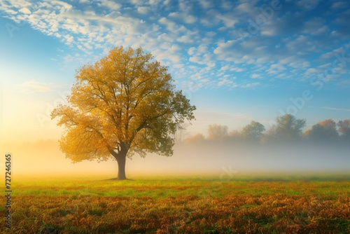 Landscape meadow with tree dramatic sky fog