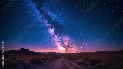 A starry night sky over a quiet desert, with a brilliant display of the Milky Way..