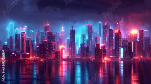 A neon cityscape, with vibrant skyscrapers illuminating the night in a futuri...